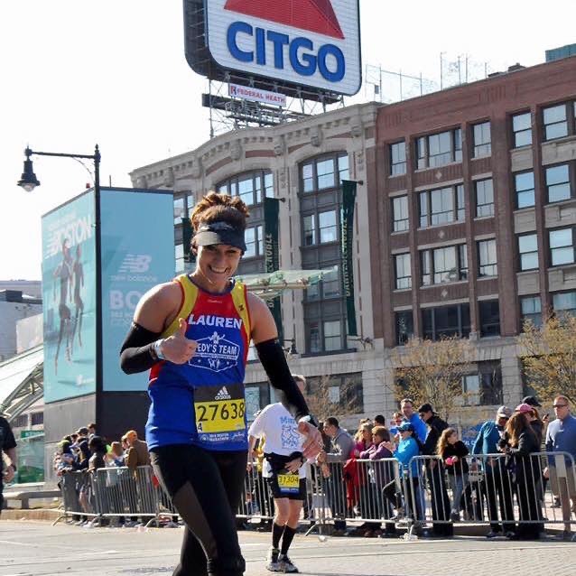 Lauren Pino on the Boston Marathon course