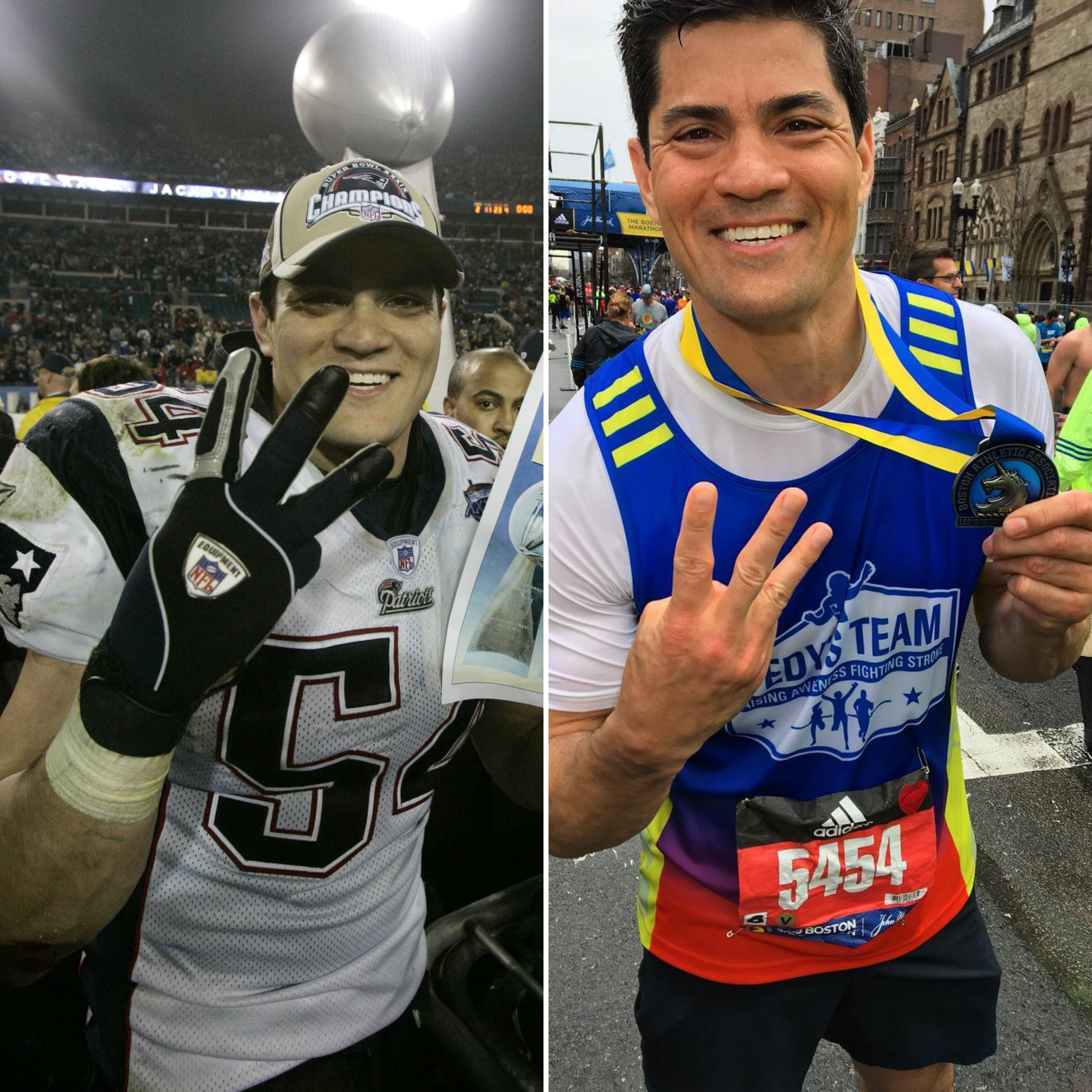 Tedy holds up 3 fingers after winning his third Super Bowl with the Patriots and again after getting his 3rd Boston Marathon medal.